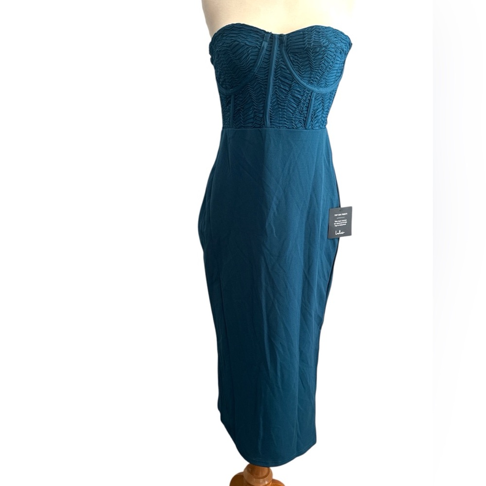 LuLus Passionate Aura Teal Blue Textured Strapless Bustier Midi Dress Large - Picture 6 of 9